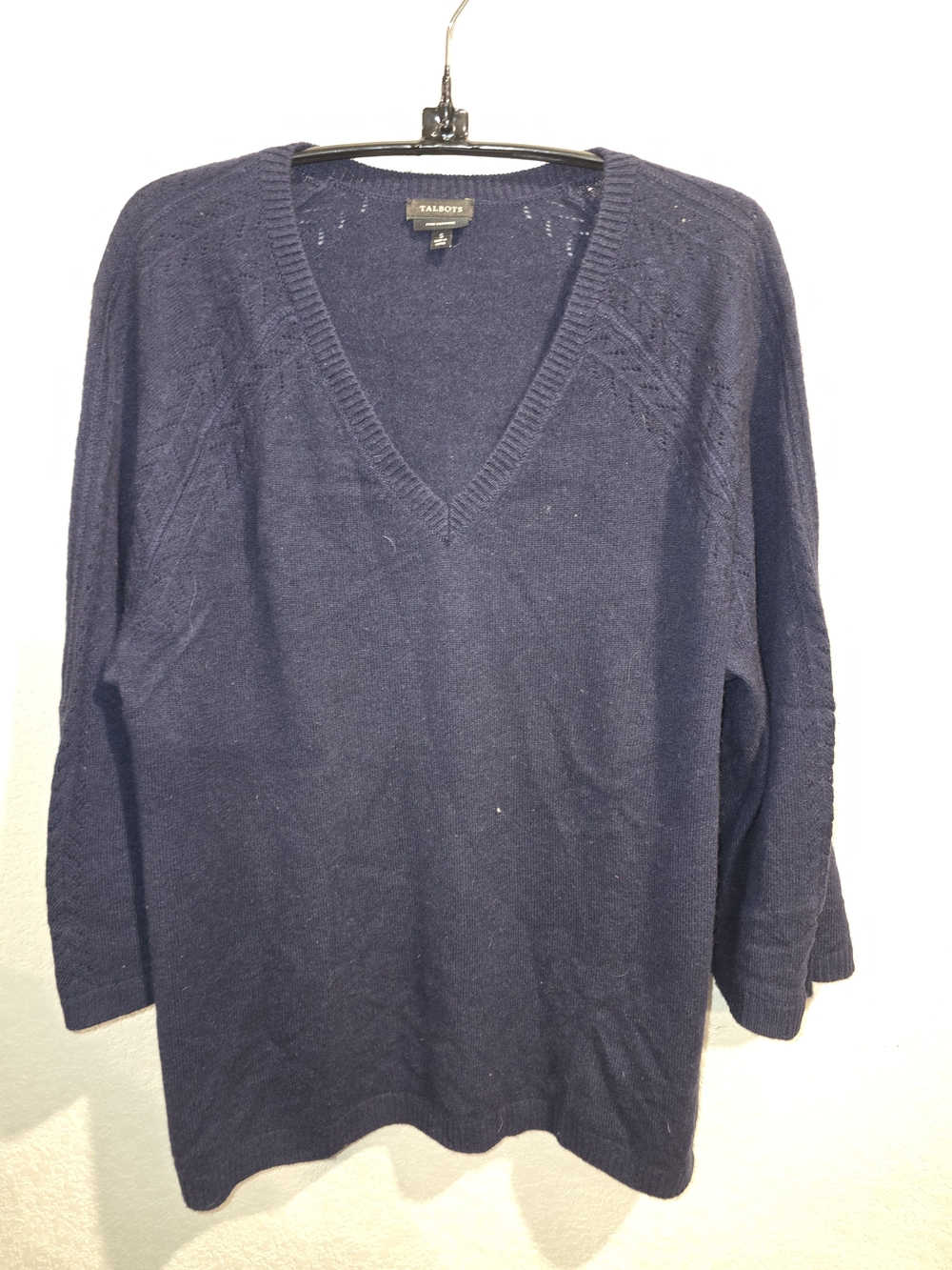 Talbots Women's Small Pure Cashmere Navy Blue V-Neck Sweater Pointelle Detail
